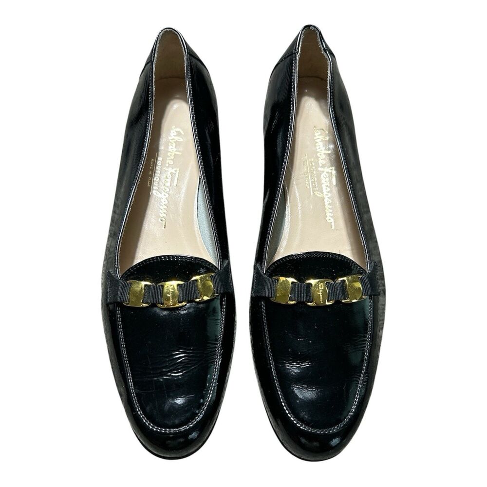 Ferragamo Black Patent Leather Ballet Flats Womens 10B Buckle